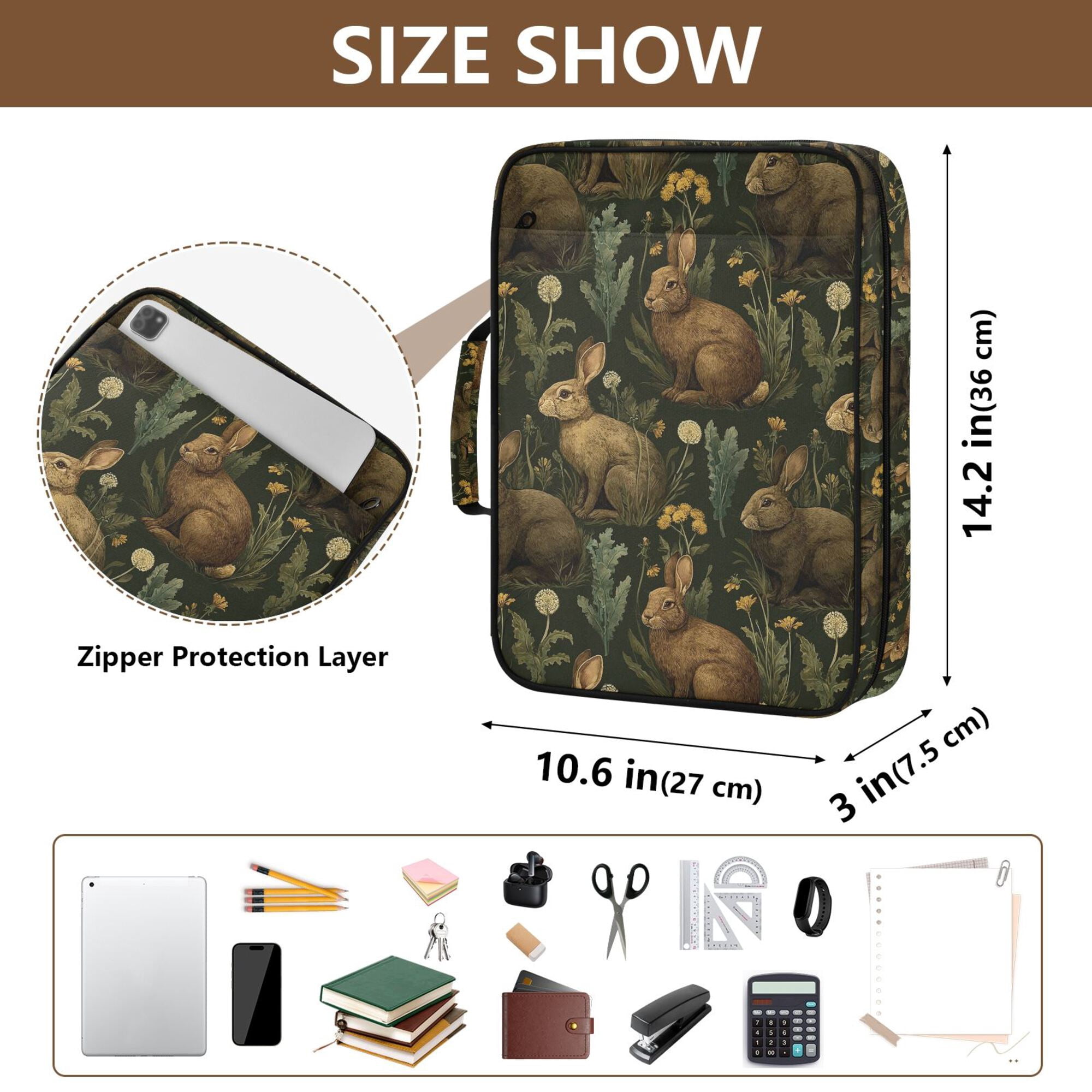 FORMRS Accordion File Folder A4 Size 7-Pocket Expanding Document Organizer Bag with 3 Ring Binder, Brown Floral Rabbits Pattern