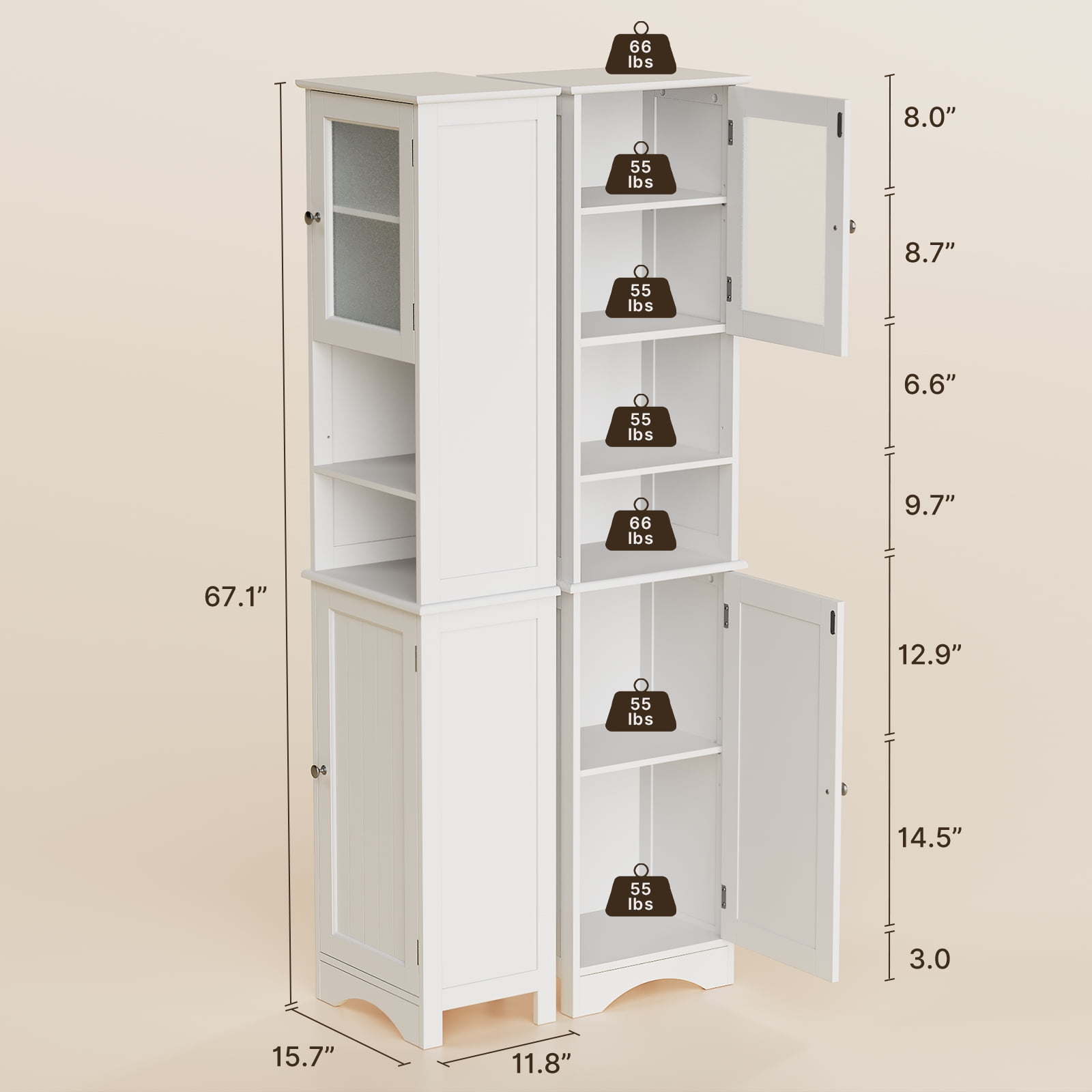 Lofka 67.1"H Wooden Bathroom Storage Cabinet with Transparent Glass Door and Adjustable Shelves for Living Room, White
