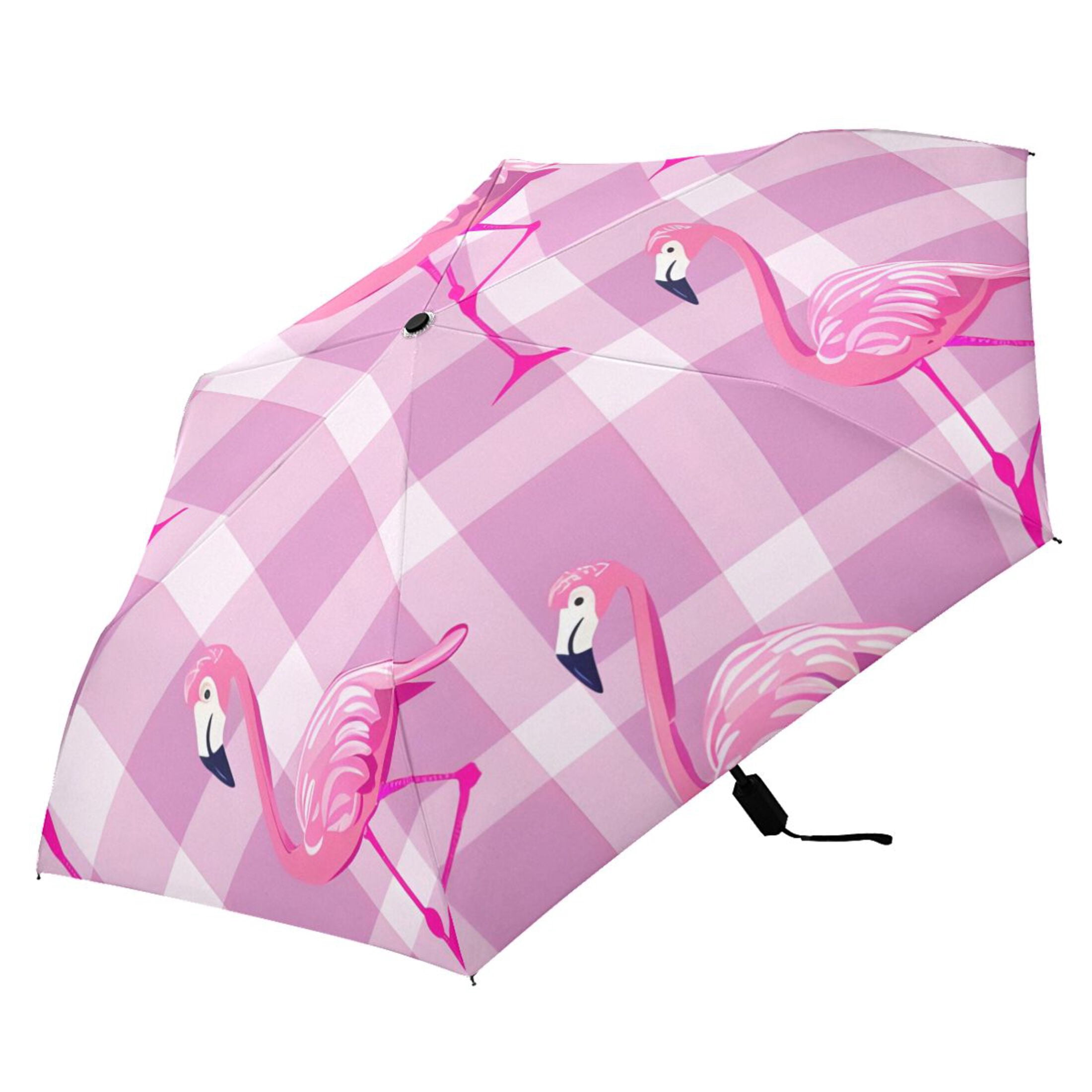 Standing Flamingos All Weather Umbrella Triple Folding Parasol 6 Ribs UV Protection Portable