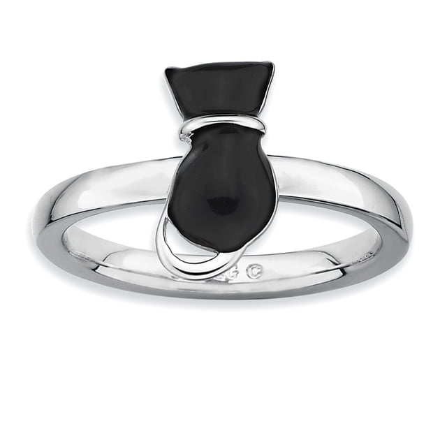925 Argent Sterling Noir Chat Empilable Anneau Animal