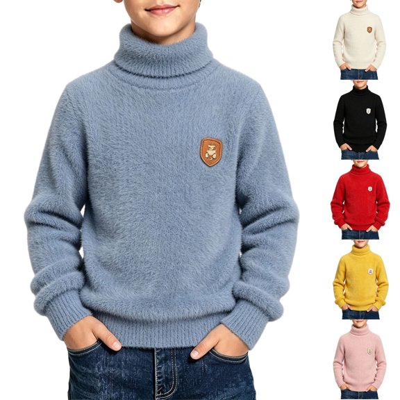 Spazoro Boys Turtleneck Knit Sweater, High Neck Long Sleeve Solid Color Regular Fit Fuzzy Plush Basic Pullover Knitwear for Kids Sky Blue Size 3-4T