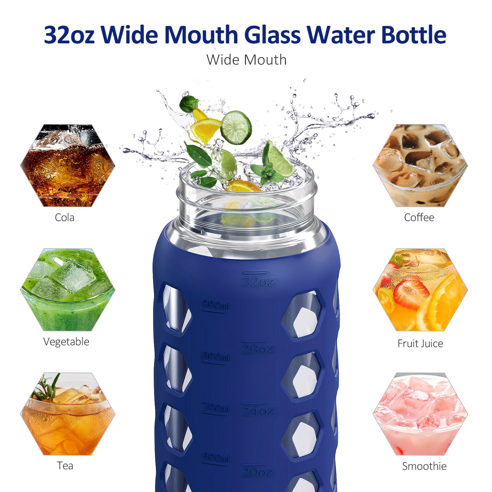MUKOKO 32oz Glass Water Bottles, Motivational Water Tumbler with 2 Lids-Handle Spout Lid&Bamboo Straw Lid, Time Marker Reminder and Silicone Sleeve, Blue