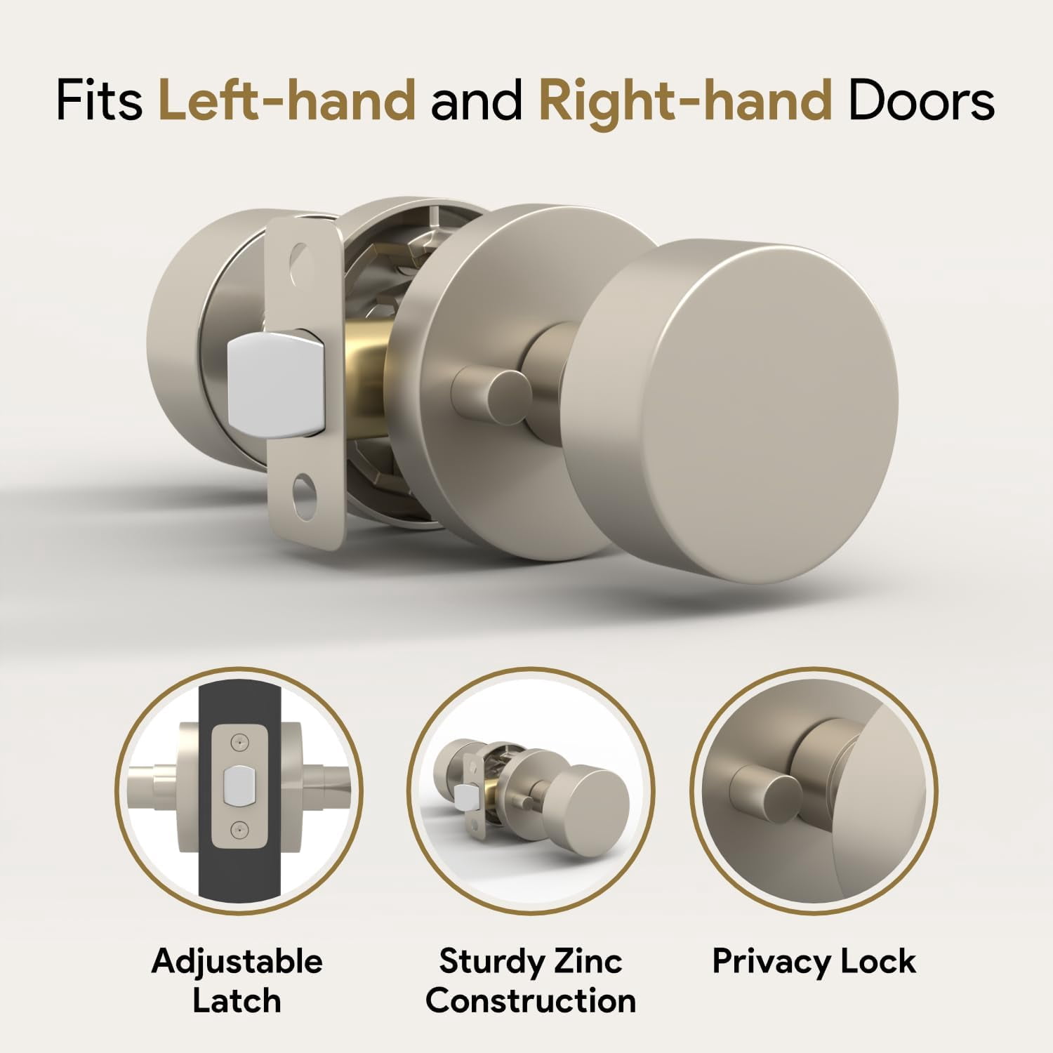 Mega Handles Buena Privacy Door Knob | Satin Nickel, Reversible | Fits Standard Doors | Includes Screws | Ideal for Bedroom and Bathroom