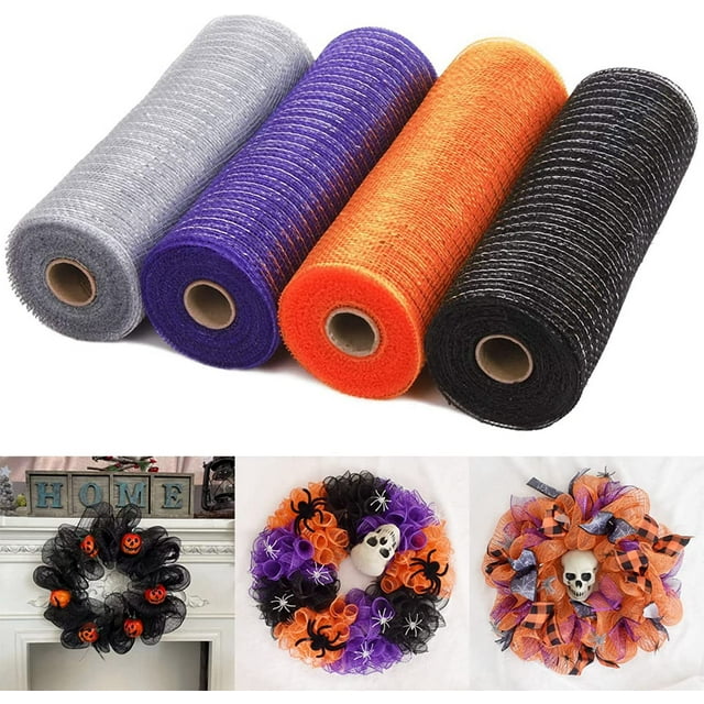 XINQIHANG 4 Rolls Halloween/Christmas Ribbons Decoration,10 inchx30 Ft Each Roll Holiday Mesh Ribbons,4-Color Poly Burlap Mesh,DIY Wreath Making Supplies,Mesh Supplies,Halloween Xmas Decor, 26x24cm