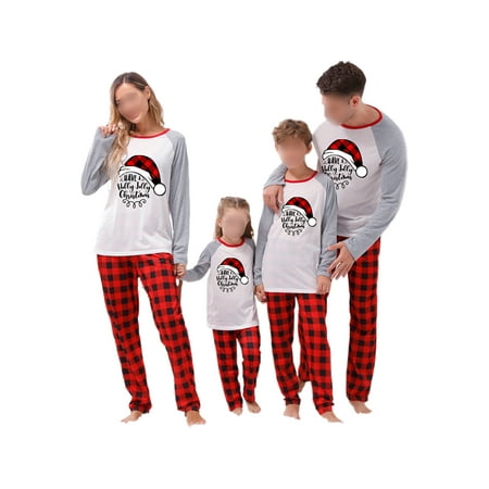 

Glookwis Mommy Dad Child Crew Neck Matching Family Pajamas Set Plaid Sleepwear Color Block Xmas Pjs PJ Sets Long Sleeve Letters Printed Nightwear Gray Baby Jumpsuit 3M