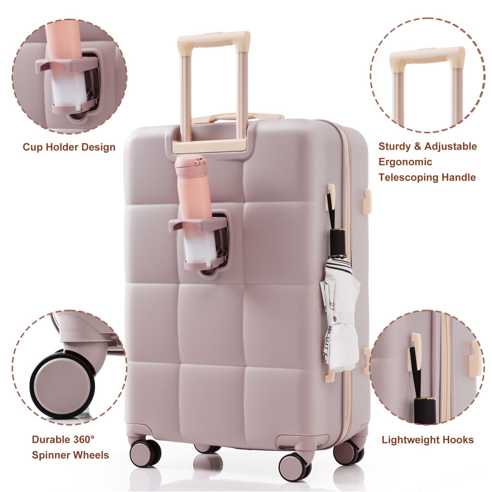 DECMAY 3-Piece ABS Luggage Set with Spinner Wheels and Cup Holder, Airline Carry-On Approved