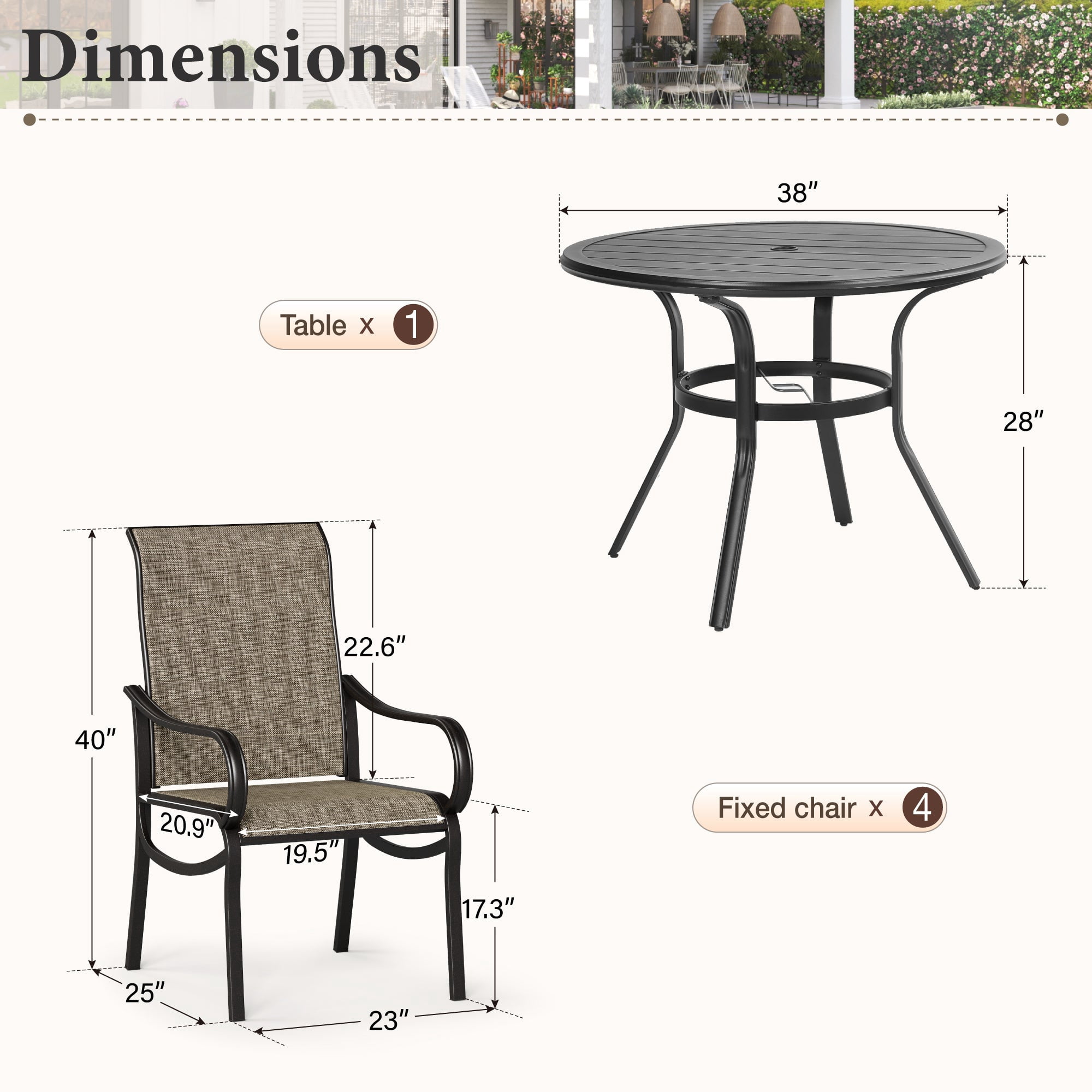 MF Studio 5-Piece Outdoor Patio Dining Set, 38" Metal Round Outdoor Patio Table and Textilene Chairs, Black & Brown-gray