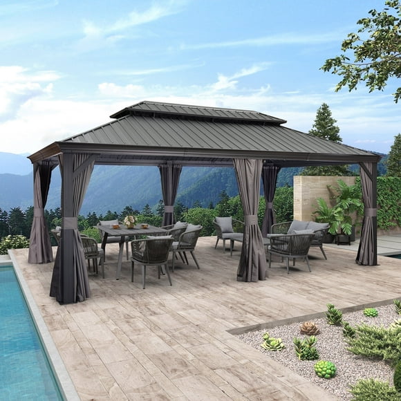 PURPLE LEAF 12' X 20' Permanent Hardtop Gazebo Aluminum Frame Gazebo with Galvanized Steel Double Roof for Patio Lawn and Garden, Curtains and Netting Included, Grey