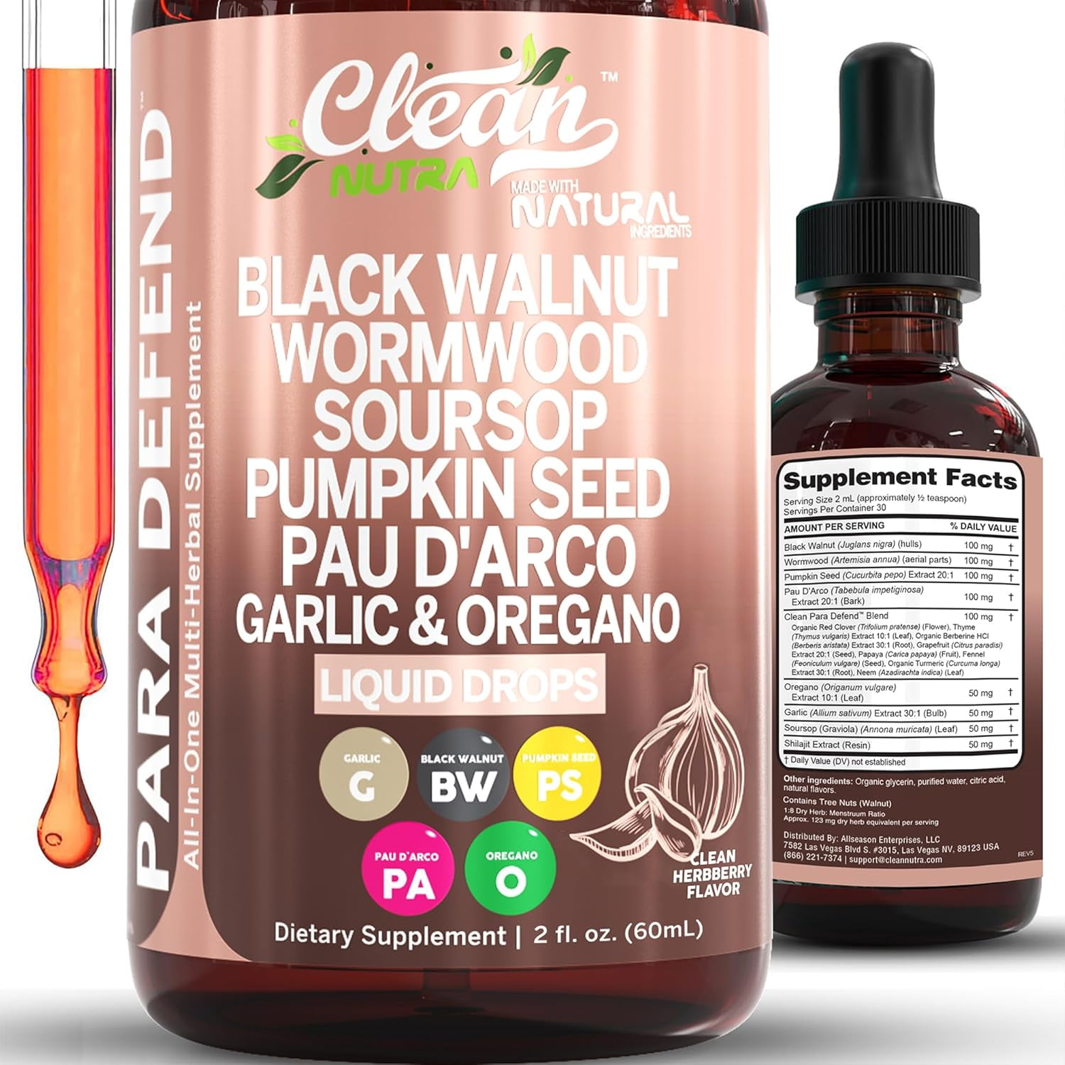 Para Defend Wormwood Black Walnut Cleanse Drops - Soursop, Garlic, Pumpkin Seed, Pau D'Arco, Oil of Oregano, Turmeric, Berberine, Neem by Clean Nutra