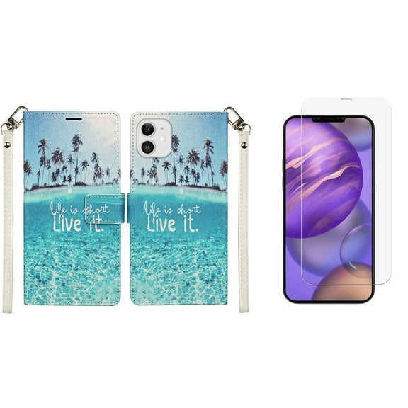 Bemz Pocket Wallet Case Compatible with iPhone 12 Mini with (2 Pack) Tempered Glass Screen Protectors and Touch Tool - Beach Life