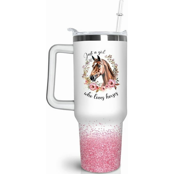 40oz Equestrian Tumbler with Handle & Straw - Vacuum-Insulated Stainless Steel Travel Mug & Water Bottle, Leakproof - Pink Floral Horse Design - Gifts for Women, Girls