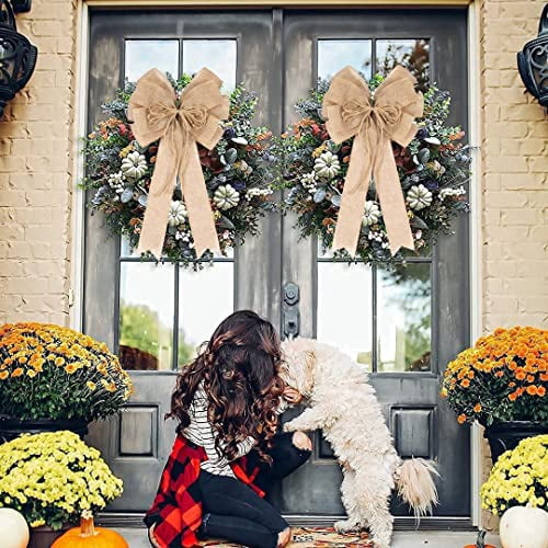 2 Pack Large Natural Jute Rope Bows for Wreaths and Crafts, Rustic Farmhouse Style Decoration for Tree Topper, Gift Wrapping, Wedding, Holiday Party, and Front Door Decor