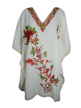 Mogul Womens Short Kaftan Dress Floral Embellished Cover Up Tunic Fall Fashion Caftan One Size
