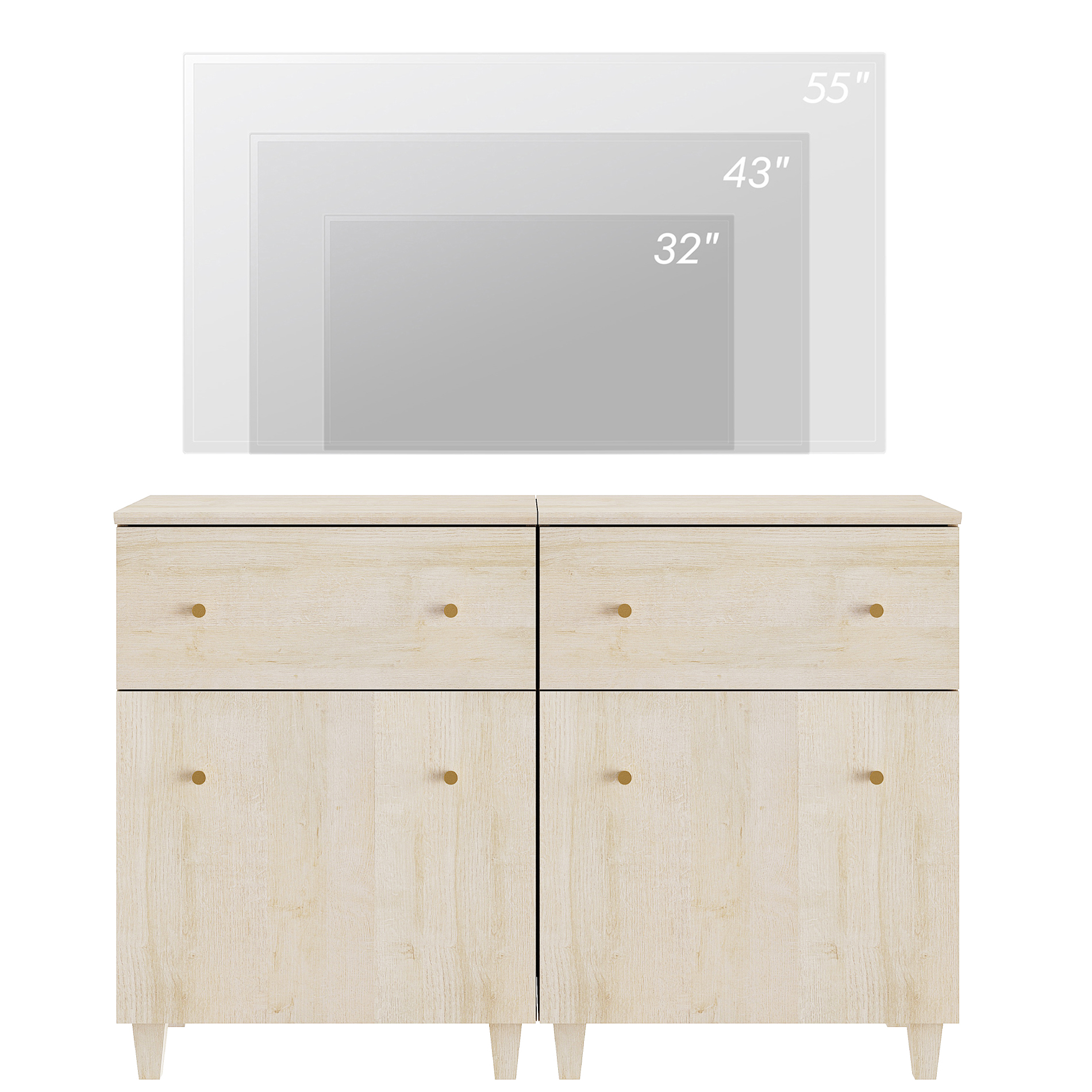 WAMPAT TV Stand Cabinets for 55 Inch Flat Screen, 2-in-1 Modern Highboy Wooden Entertainment Center with 2 Drawers and Shelves, Light Oak