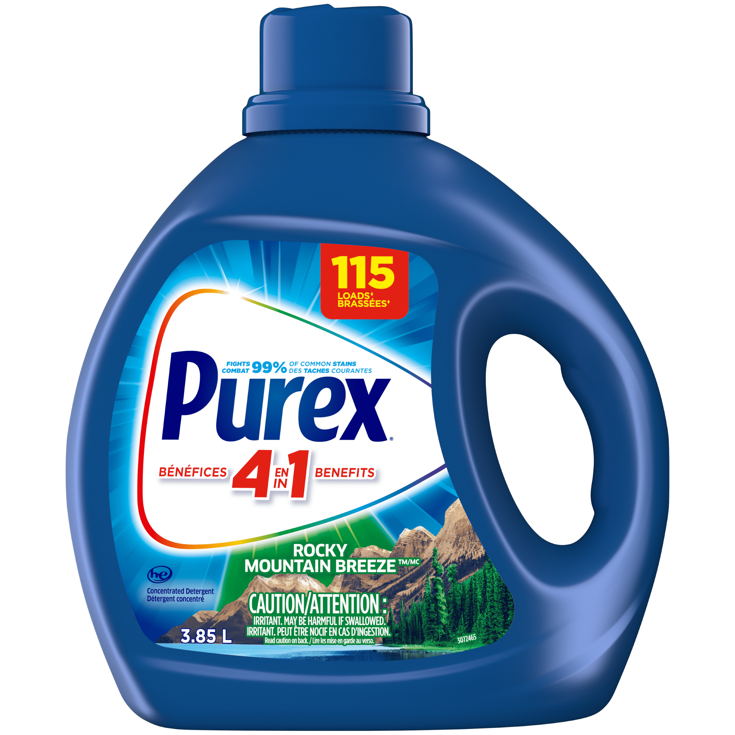 Détergent à lessive liquide concentré avec bénéfices 4-en-1, Purex Rocky Mountain Breeze, puissant contre les taches, ravive les vêtements, 3,85 l, 115 brassées, compatible avec les laveuses HE