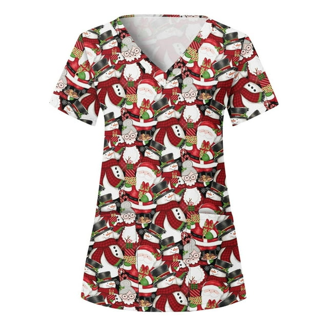 TIMIFIS Blouse d'Uniforme Imprimée de Noël, Manches Courtes, Col en V, avec Poches - Blanc Automne/hiver