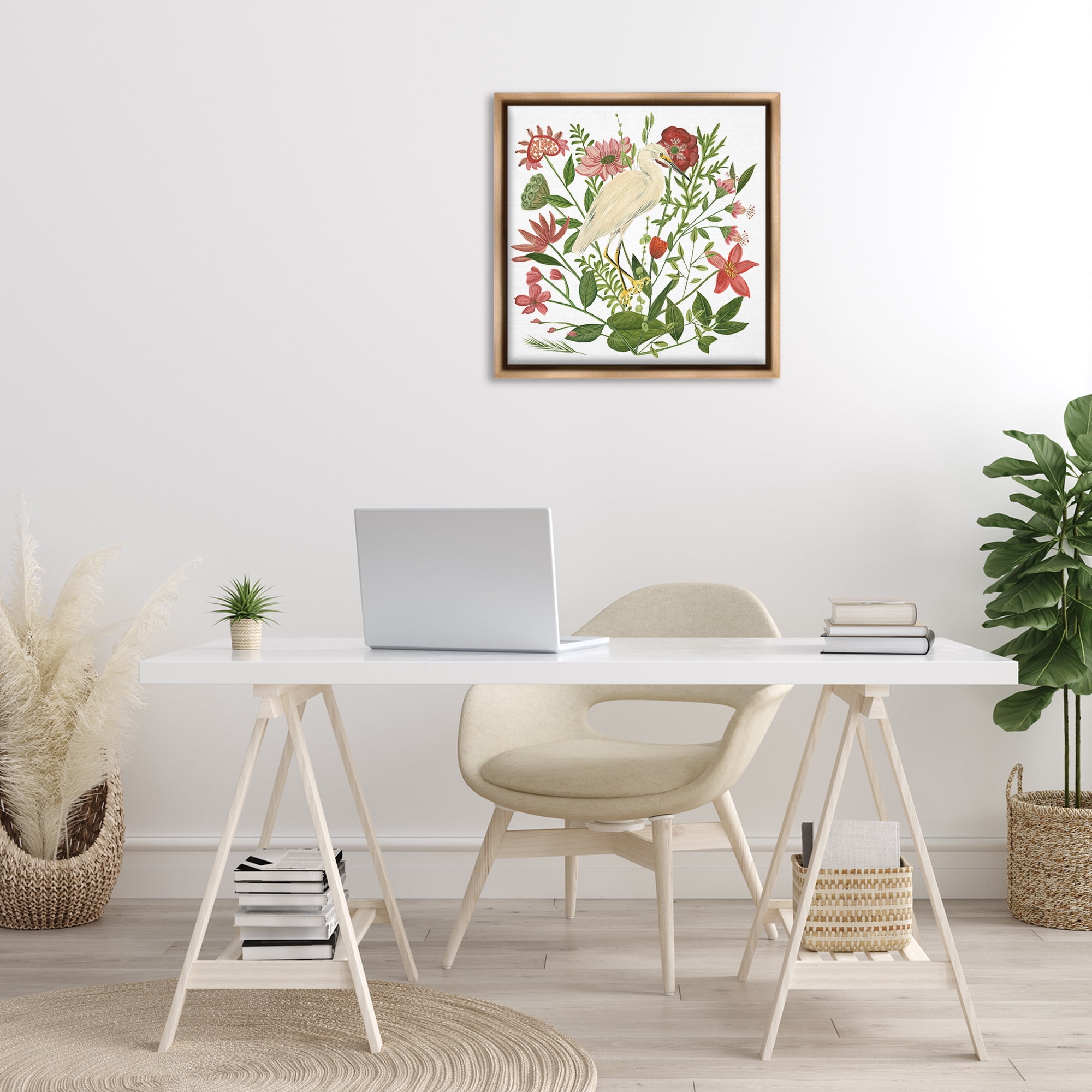 Stupell Industries Nautical Flowers & Egret Landscape Painting Brown Floater Framed Canvas Art Print Wall Art, 25 x 25