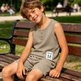 thumbnail image 6 of SGFCWSX Boys Summer Outfits 2 Piece Waffle Knit Sleeveless Henley Tops Elastic Waist Shorts Casual Clothing Set Khaki Size 6, 6 of 8