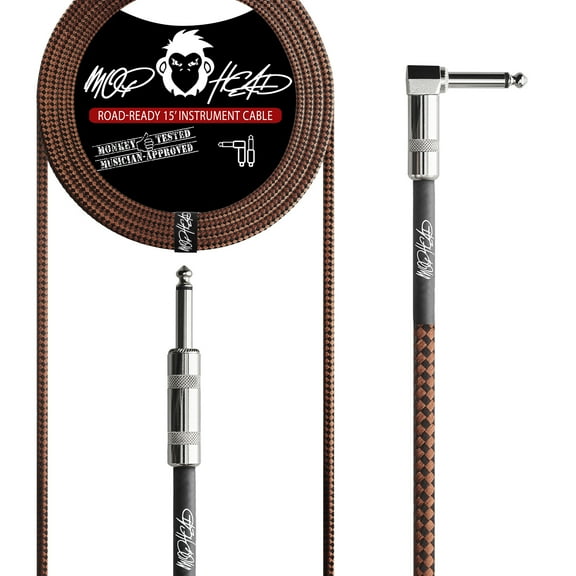 Mophead 15 Foot Double Insulated and Road Ready Tweed Braided 1/4 in TS to 1/4 in TS Guitar and Bass Instrument Cable Right Angle Black Brown and Black