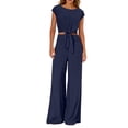 thumbnail image 3 of Women's 2 Piece Summer Outfit Cap Sleeve V Neck Belted Crop Top Wide Leg Pants, 3 of 6