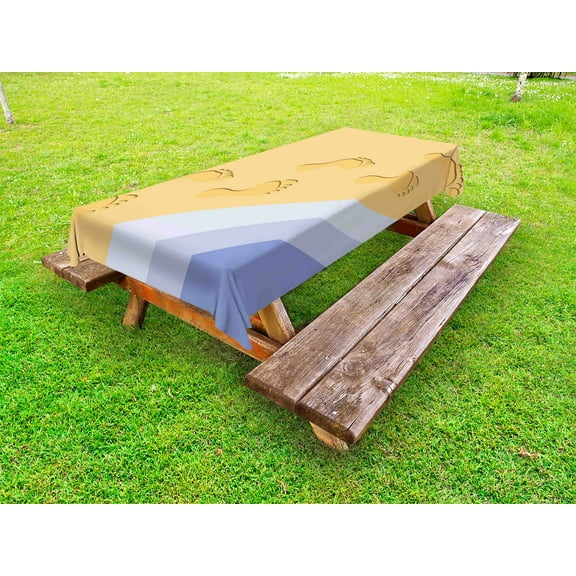 Modern Outdoor Tablecloth, Footprints Sand Realistic Print Near Ocean Waves Digital Image, Decorative Washable Fabric Picnic Tablecloth, 58 X 104 Inches, Baby Blue Purple Green Apricot, by Ambesonne