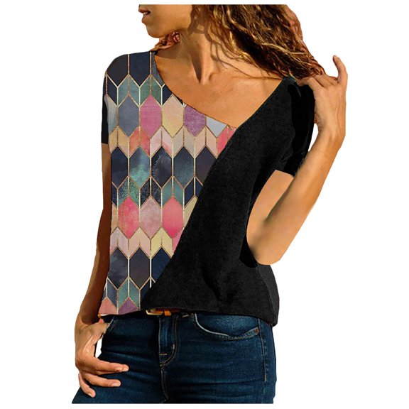 Ichuanyi Womens Tops Clearance Summer Women's Casual Fashion Loose Stitching Print Short-Sleeved T-Shirt Top