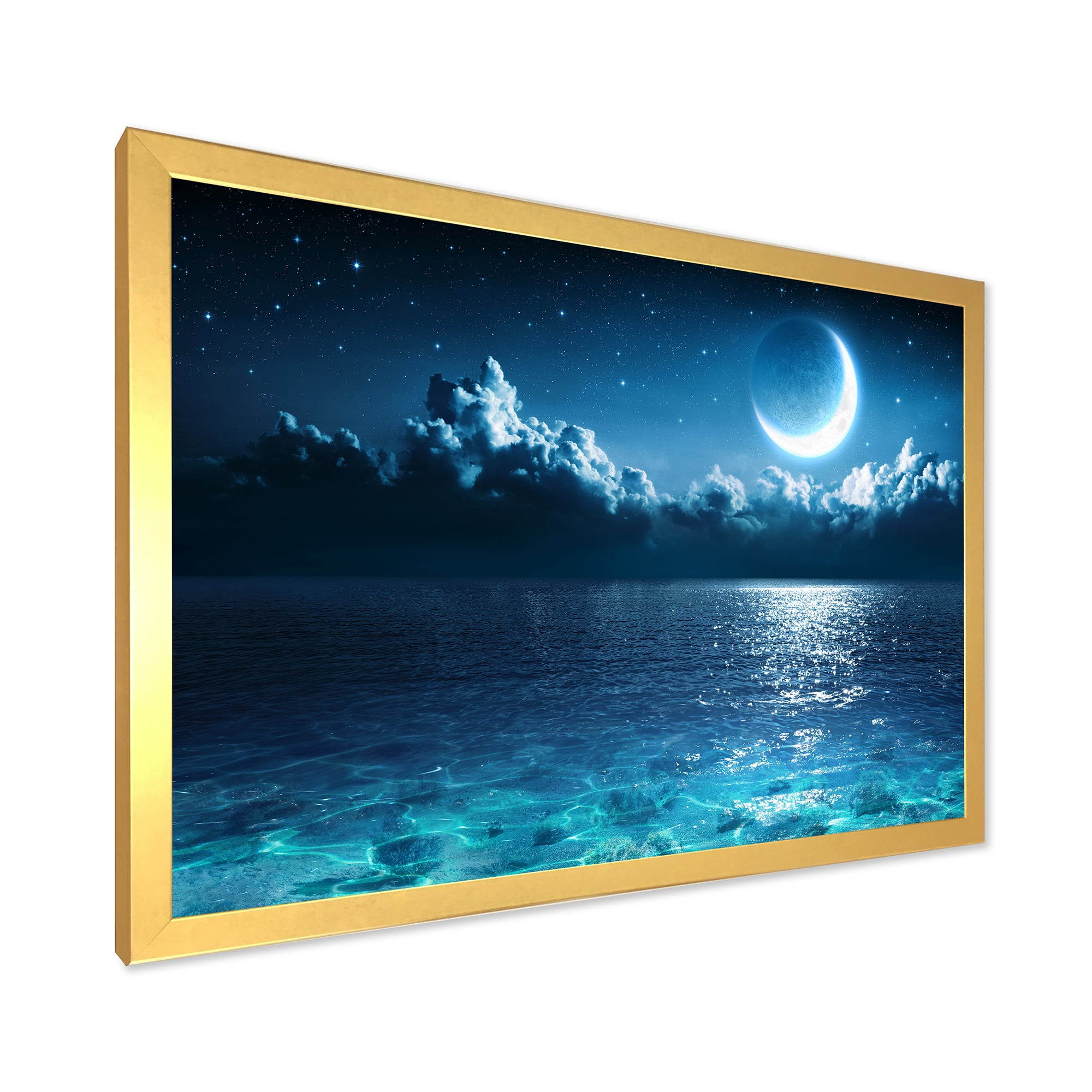 Designart 'Romantic Moon and Clouds Over Deep Blue Sea I' Nautical & Coastal Framed Art Print