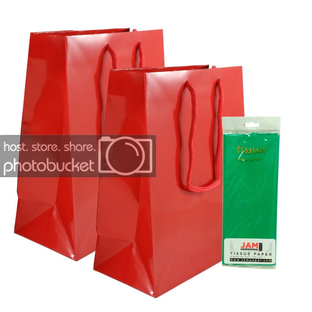 JAM Gift Bag Assortment, 2 Red Bags & Green Tissue Paper, 3/Pack