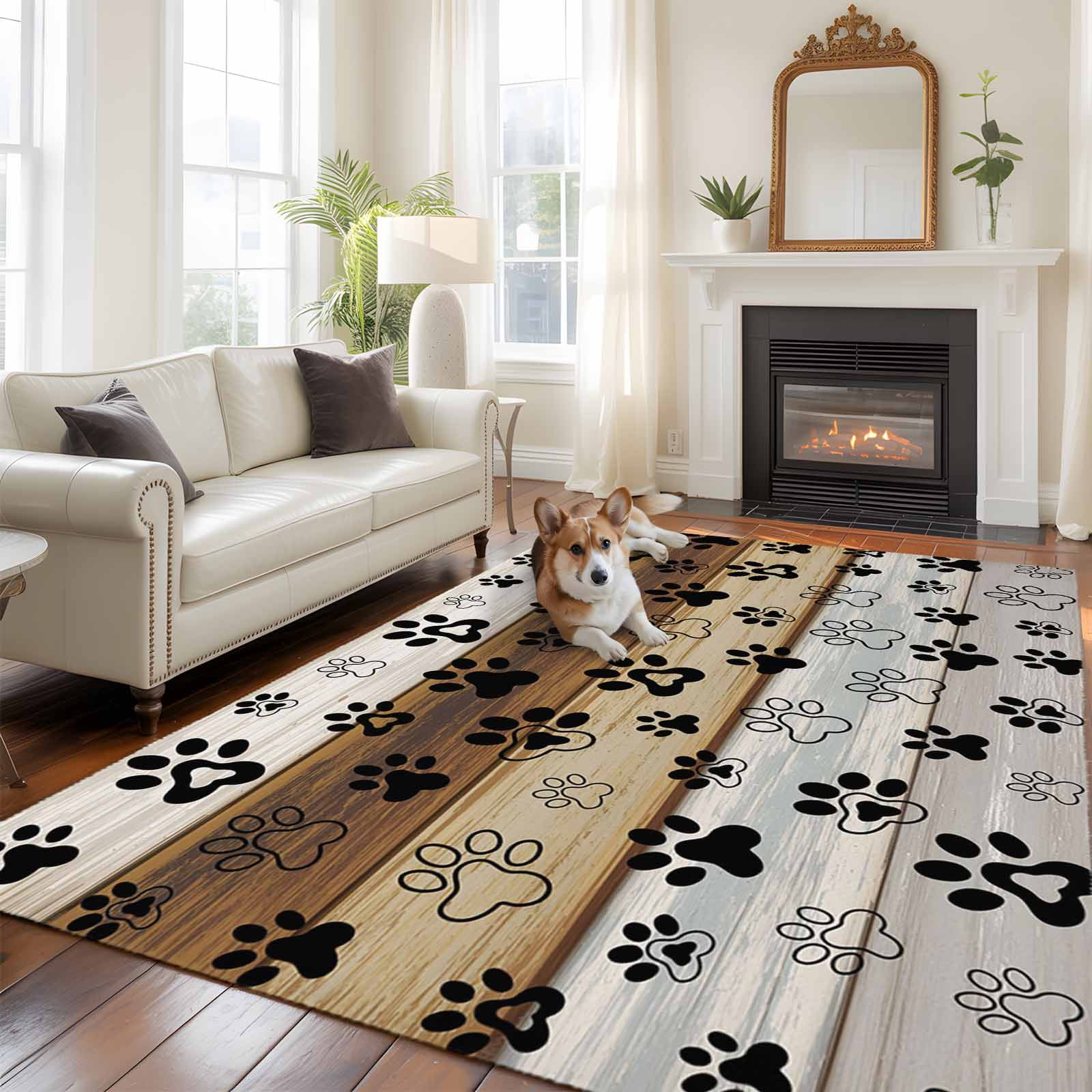 Area Rug for Living Room, Cute Dog Claws Non-Slip Indoor Large Carpet for Bedroom/Dining Room, Farmhouse Brown Grey Wooden Puppy Pawprints Washable Low-Profile Rectangle Floor Runner Rugs - 6 x 9 Ft