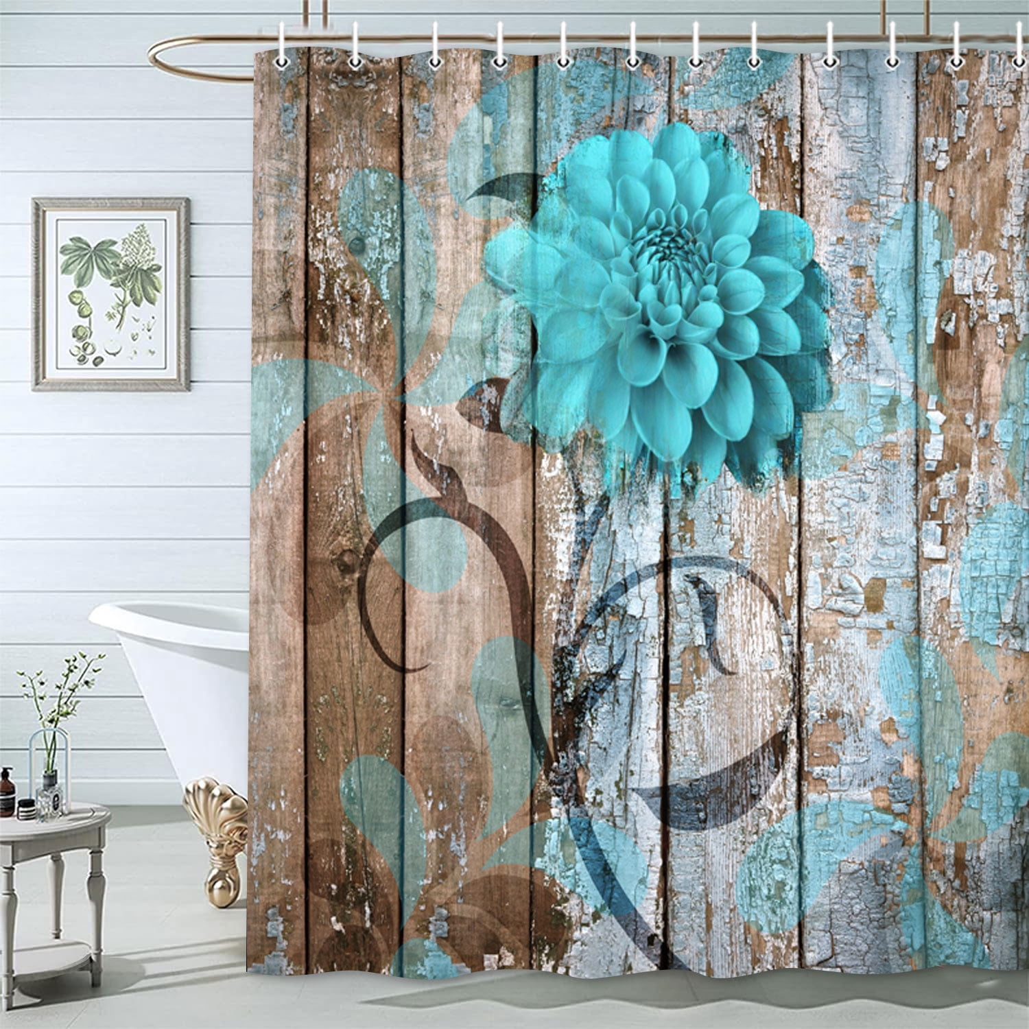 Rustic Flower Shower Curtain, Teal Floral Barn Wood Farmhouse Shower Curtain Set, Country Turquoise Blue Brown Fabric Shower Curtain with Hooks, Boho Bathroom Curtain,60X70in