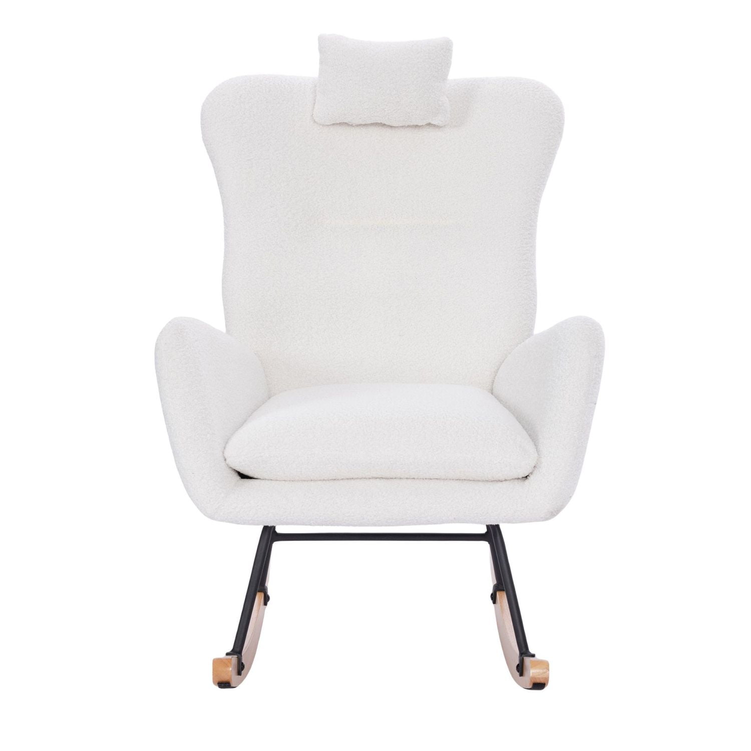 Lisonu Modern Rocking Chair, Upholstered High Back Accent Rocker, Cozy White Teddy Fabric Glider for Living Room or Bedroom, Ergonomic Armchair with Wood Base, White
