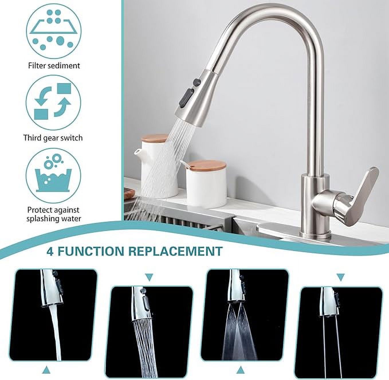 3-Gear Pull Down Kitchen Faucet Head Replacement – Sink Spray Nozzle (Metallic)