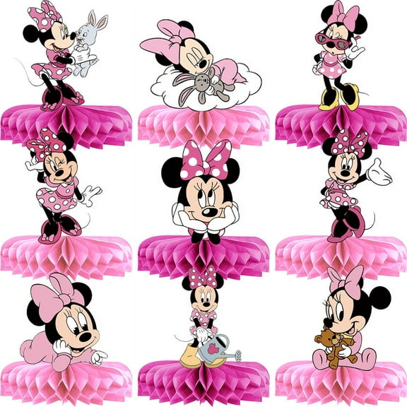 9Pcs Minnie Theme 3D Double Side Honeycomb Centerpieces Table Toppers,Cartoon Birthday Party Decorations Supplies for kids.