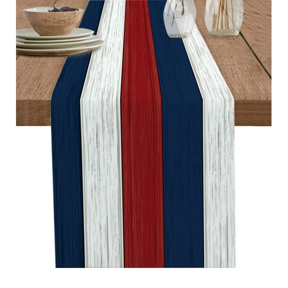 Table Runner Dresser Scarf 13 x 70 Inch Rustic Red and Blue and White Striped Wood Grain Table Runners Non-Slip Heat Kitchen Dining Table Decor for Kitchen Farmhouse Indoor Outdoor Home Party