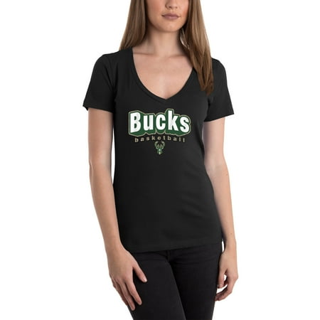 Nba Milwaukee Bucks Stripe - Women's 5th & Ocean by New Era Black Milwaukee Bucks NBA V-Neck T-Shirt