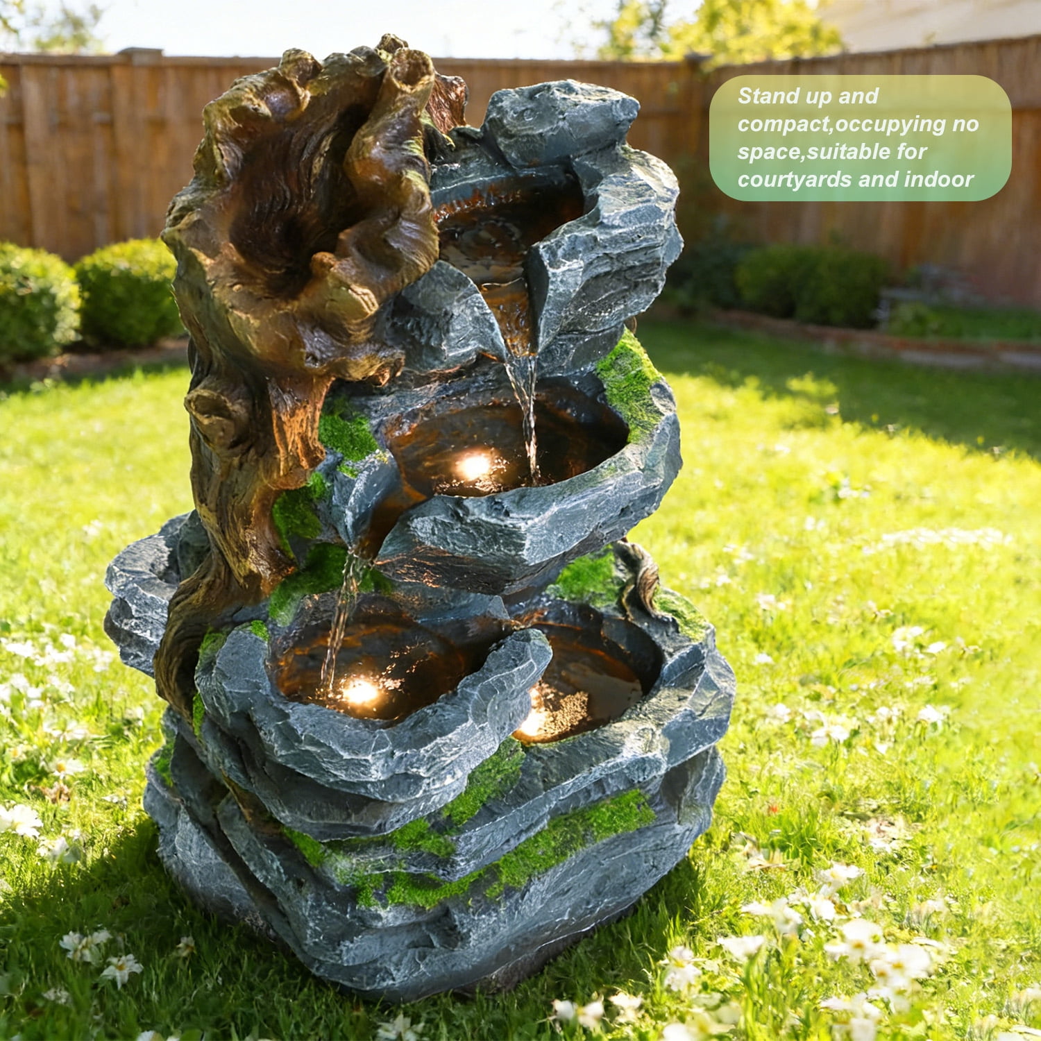 Outdoor Water Fountain with LED Lights,Resin Cascading Waterfall Feature,22.8Inch Garden Patio Decor for Outdoor/Indoor Use