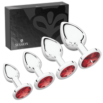 Session Butt Plugs, 4-Piece Training Set, Anal Plug Toys, Stainless Steel Jewel Charm, Silver & Red, Circle Shape