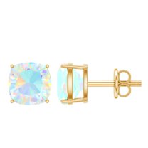 Rosec Jewels Cushion Cut Ethiopian Opal Solitaire Stud Earrings for Women (6 mm, AAA Quality), 10K Yellow Gold