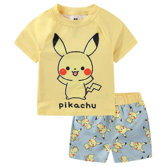Pokemon Pikachu UPF 50 Rash Guard Shirt and Swim Trunks Shorts Swimwear Set Swimsuit (Boys), 2 Piece Set, Sizes 18M-4T