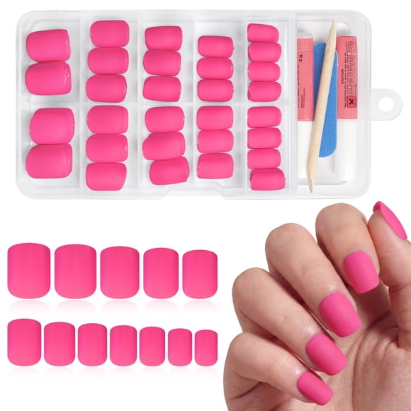 Bellelfin Uñas postizas adhesivas cortas cuadradas color rosa intenso mate, 120 piezas