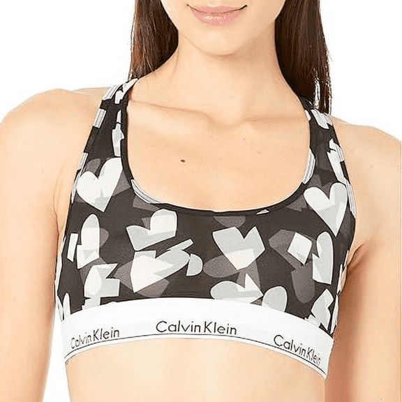 Calvin Klein Modern Cotton Stretch V-Day Unlined Bralette Hearts Print Black Large