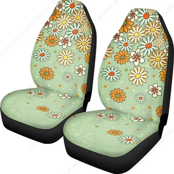 Car Seat Covers for Front Seats Green Hippie Flower Car Accessories Universal Elastic High Bucket Seat Protector 2 Piece