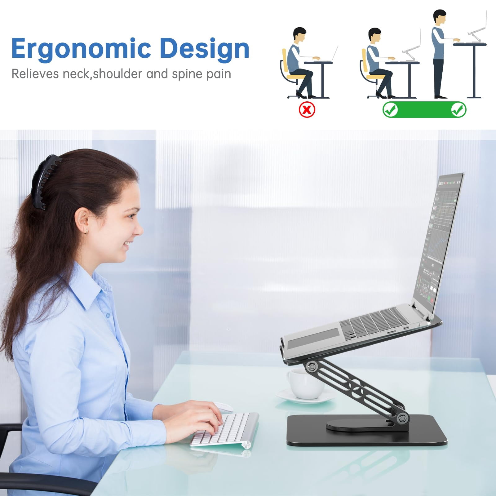 Laptop Stand For Desk Adjustable Computer With 360 Rotating Base Ergonomic Riser Mount Foldable Protable Fits Macbook Pro Air  Black
