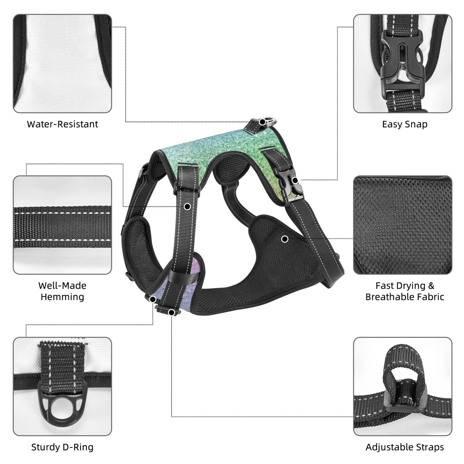 Kdxio Beautiful Glitter Print No Pull Dog Harness Adjustable Reflective Oxford Easy Control Medium Large Dog Harness for Training and Everyday-Small