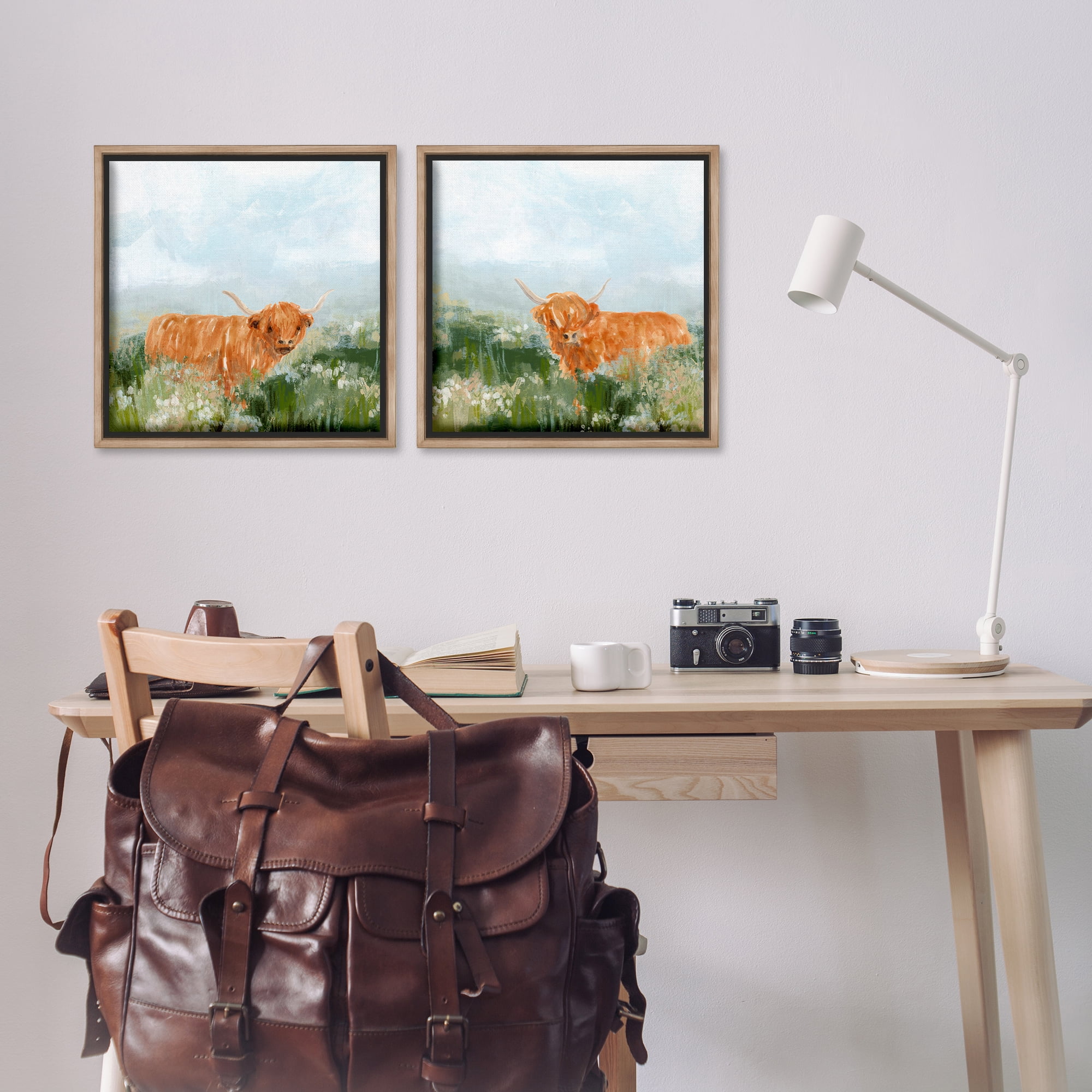 Stupell Industries Shaggy Highland Cow in Field Animals Painting Brown Floater Framed Canvas Art Print Wall Art, 18 x 18, Set of 2