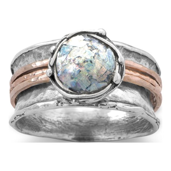 Ancient Roman Glass Ring Round with Rose Gold-plated Bands Sterling Silver