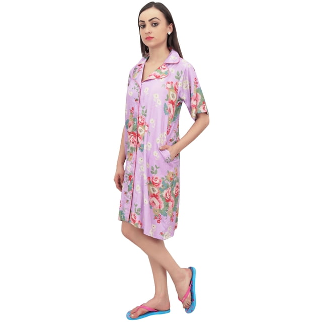 Bimba Chemise de Nuit en Rayonne Violette pour Femmes, Boutonnée, Imprimé Floral, Robe de Nuit - 16