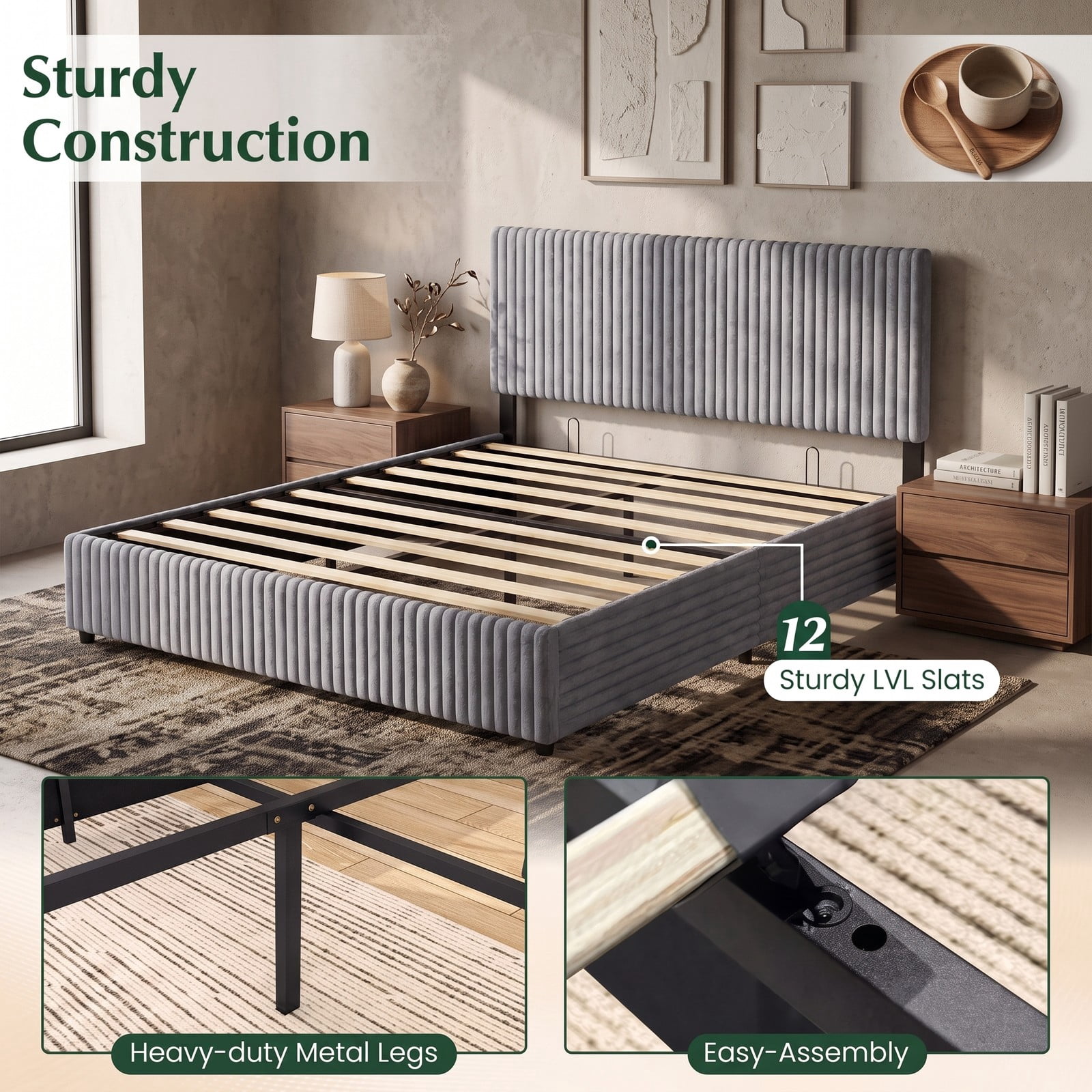 Furnibear Queen Size Bed Frame with Storage, Lift Up Upholstered Platform Bed Frame with Channel Tufted Headboard for Bedroom, Gray