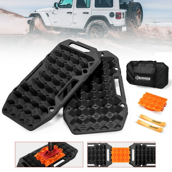 BUNKER INDUST Offroad Traction Boards with Jack Base Pair Multifunctional Recovery Tracks Tire Traction Mat Snow Mud Sand Ramp-Black 4X4 ATV UTV Car Traction Pads with Carry Bag