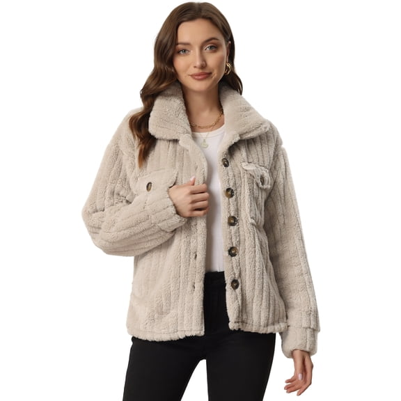 Women's Fleece Jackets Winter Button Down Long Sleeve Soft Fuzzy Shaggy Teddy Coats Jacket S Khaki